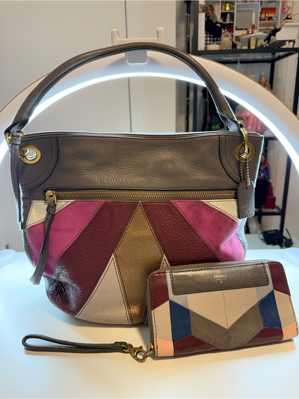 Fossil Multicolor Patchwork Leather Hobo Bag with Matching Wallet